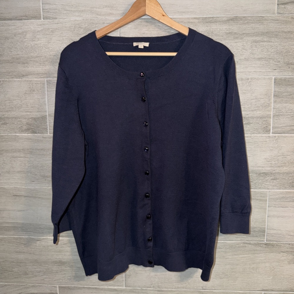 Talbots Button Up Cardigan Sweater Woman's Size 1X Navy Blue 3/4 Sleeve